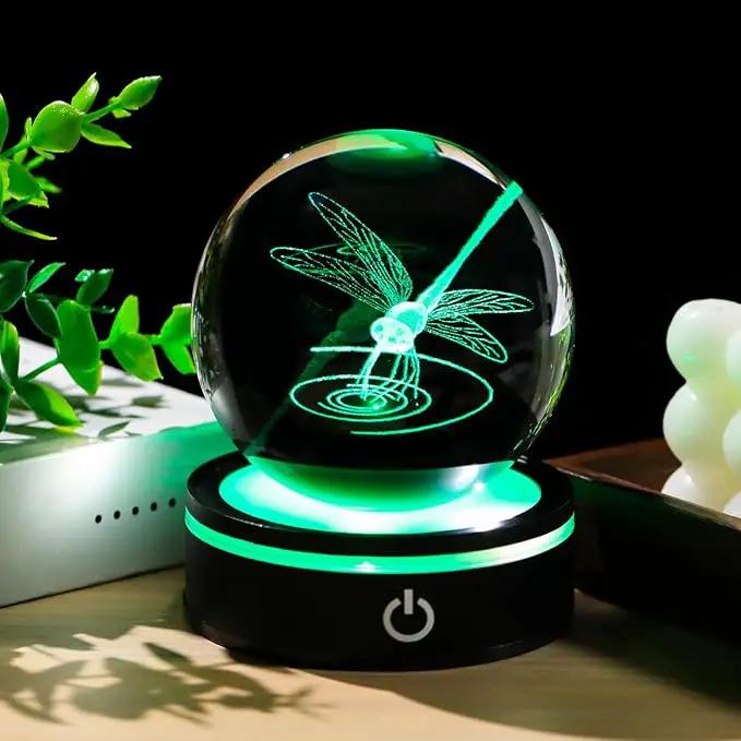 YWHL Crystal Ball 3D Dragonfly Figurine with LED Base, Dragonfly Gifts for Men Women on Christmas Birthday, Glass Animals Insect Sphere Decorative Ball for Home Decor (80mm) by GreenHaven Gardens