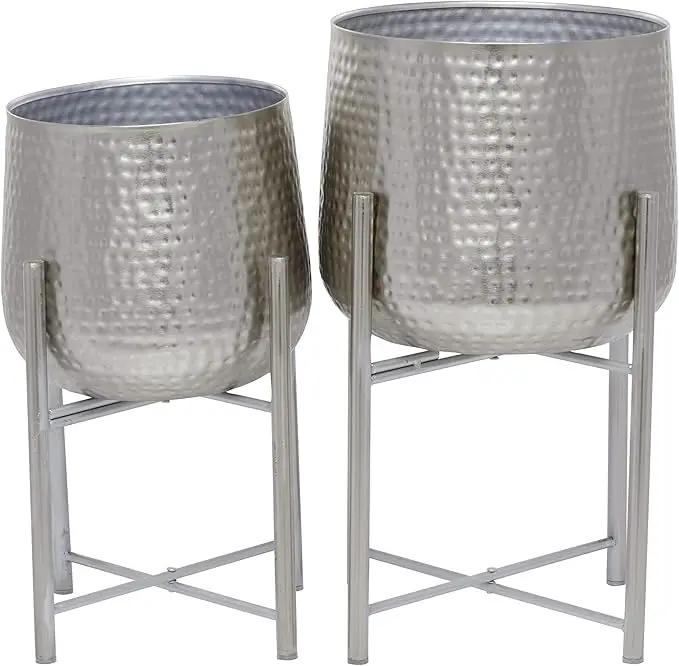 CosmoLiving by Cosmopolitan Metal Indoor Outdoor Planter Hammered Large Planter Pot with X-Shaped Stands, Set of 2 Planters 19", 16"H, Silver by GreenHaven Gardens