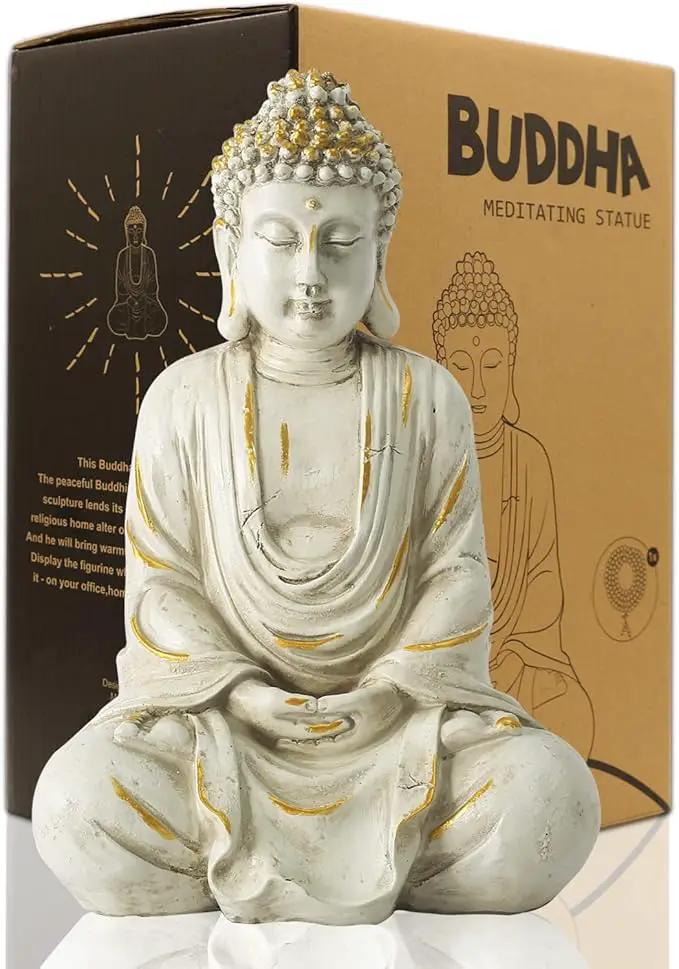 Goodeco 11.4 Meditating Zen Buddha Statue Figurine Sculpture - Indoor/Outdoor Decor for Home,Garden,with Natural Wood Beaded Necklace,Polyresin (White) by GreenHaven Gardens