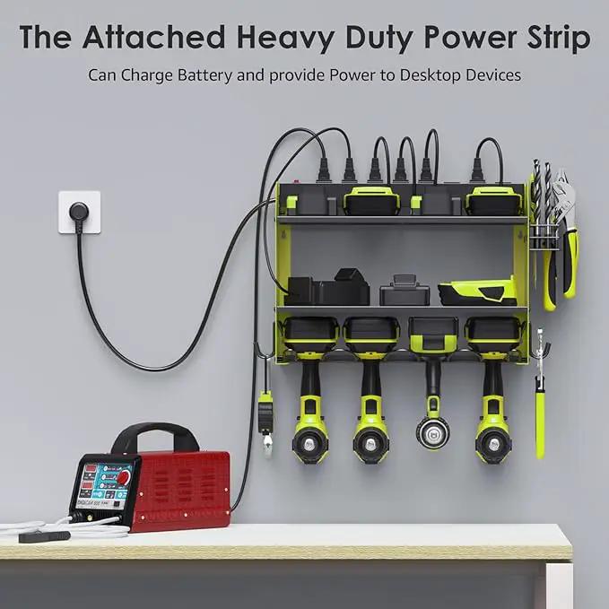 CCCEI Modular Power Tool Organizer Wall Mount with Charging Station. Garage 4 Drill Storage Shelf with Hooks, Screwdriver, Drill Bit Heavy Duty Rack, Tool Battery Holder Built in 8 Outlet Power Strip. by GreenHaven Gardens