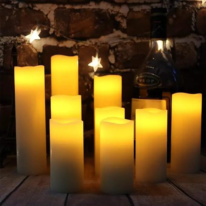 Flameless Flickering Battery Operated Candles 4" 5" 6" 7" 8" 9" Set of 9 Ivory Real Wax Pillar LED Candles with 10-Key Remote and Cycling 24 Hours Timer (Ivory) by GreenHaven Gardens