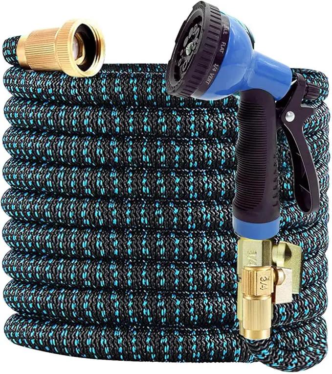 J&B XpandaHose 100ft Expandable Garden Hose with Holder - Heavy Duty Superior Strength 3750D - 4 -Layer Latex Core - Extra Strong Brass Connectors and 10 Spray Nozzle w/Storage Bag (Blue 100) by GreenHaven Gardens