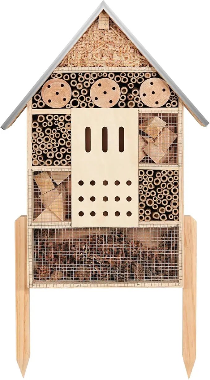 antiai Extra Large Wooden Insect House with Stakes,Wood Mason Bee Butterfly House,Insect Hotel,an Outdoor Bamboo Habitat for Ladybugs Live,Bee Box,Butterfly Habitat for Garden and Yard,30" H x15 W by GreenHaven Gardens