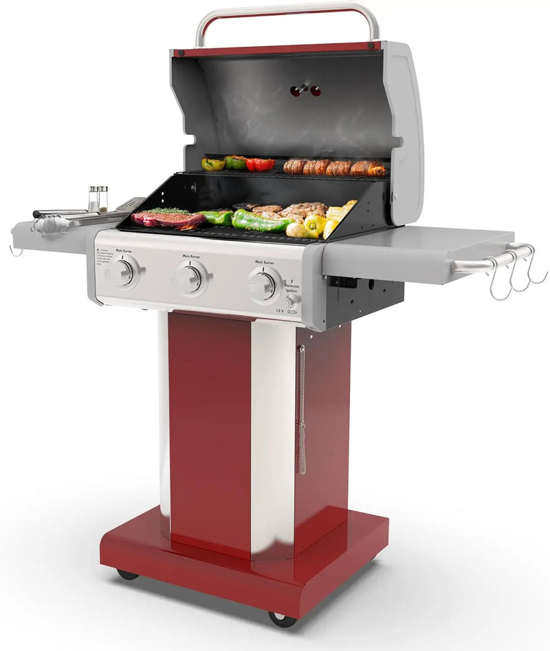 Kenmore 3-Burner Outdoor BBQ Grill | Liquid Propane Barbecue Gas Grill with Folding Sides, PG-A4030400LD-RD, Pedestal Grill with Wheels, 30000 BTU, Red by GreenHaven Gardens
