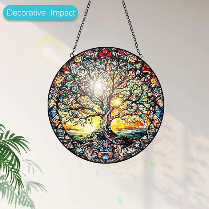Tree of Life Suncatcher Stained Glass Window Hanging - 8″ Handmade Sun Catchers Indoor Window Valentines Day Decorations with Hooks and Chain - Wall Art Home Decor Panel Gifts for Women Men Mom Dad by GreenHaven Gardens
