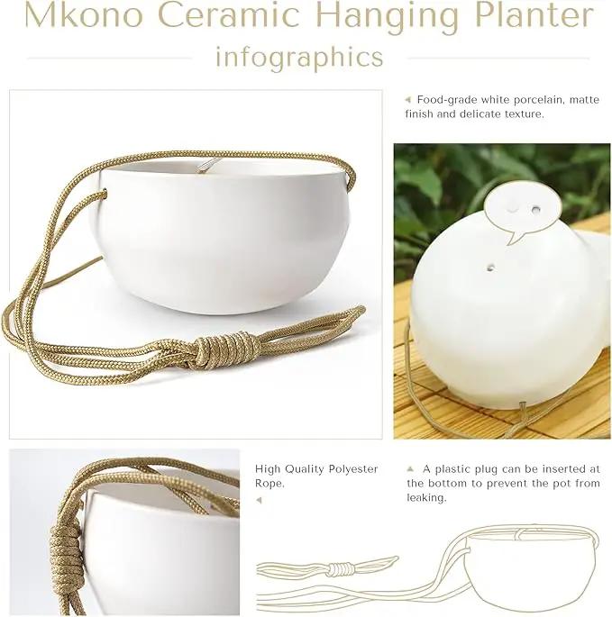 Mkono Ceramic Hanging Planter of Shallow 8 Inch and Deep 6 Inch for Indoor Outdoor Plants, Set of 2 Modern Plant Pot Geometric Porcelain Hanging Basket with Polyester Rope Hanger by GreenHaven Gardens