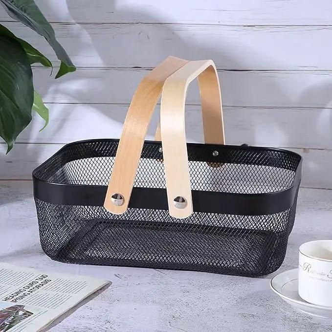 Metal Mesh Steel Basket, Storage Organizer Basket Garden Harvest Basket Multi-functional Kitchen Fruit Baskets Bin with Wooden Handle for Bathroom Picnic Shopping Decor Cabinet Home, Black by GreenHaven Gardens
