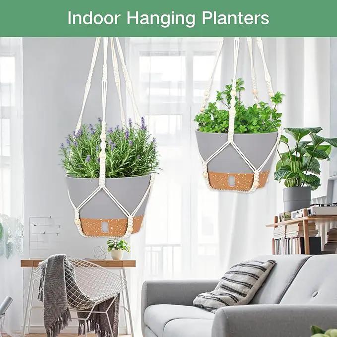 QCQHDU 2 Pack Hanging Planters for Indoor Plants, Outdoor Hanging Baskets, Self Watering Pots with Drainage Holes & Removable Tray (Light Grey, 10 inch, Macrame Hanger) by GreenHaven Gardens