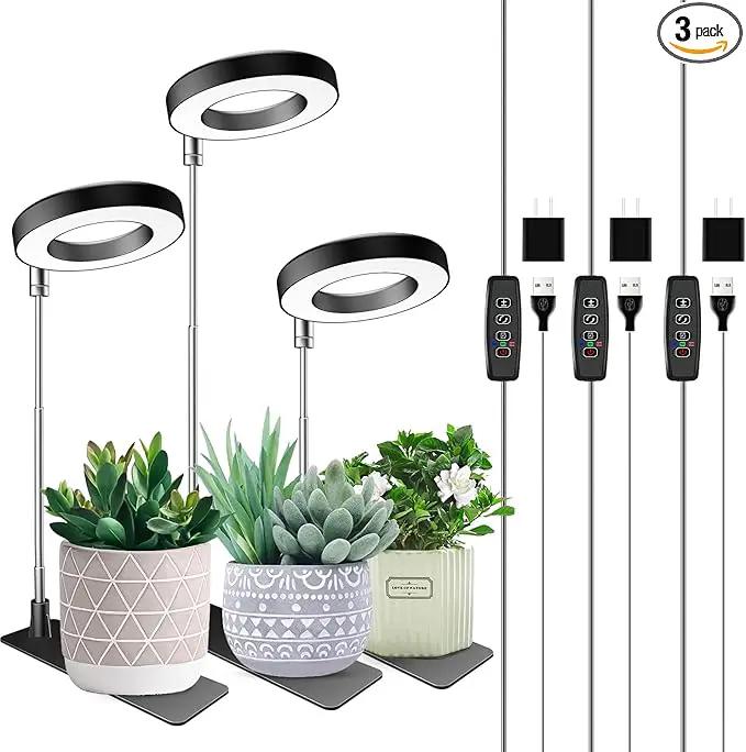Plant Grow Light, 48 LEDs Full Spectrum Grow Light for Indoor Plants, Height Adjustable Small Halo Light with Base, 3 Optional Spectrums, Auto Timer 3/9/12Hrs, 10 Brightness, 3 Pack by GreenHaven Gardens