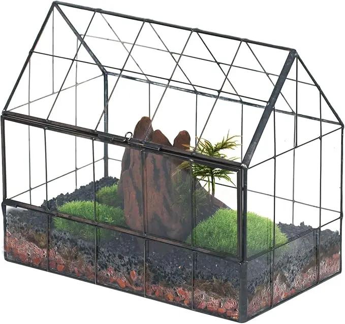 NCYP Geometric Glass Terrarium with Front Opening Door, House Shape Closed Micro Landscape Planter Box for Small Succulent, Cacti - Home Indoor Tabletop Decor, Handmade, Black (No Plants) by GreenHaven Gardens