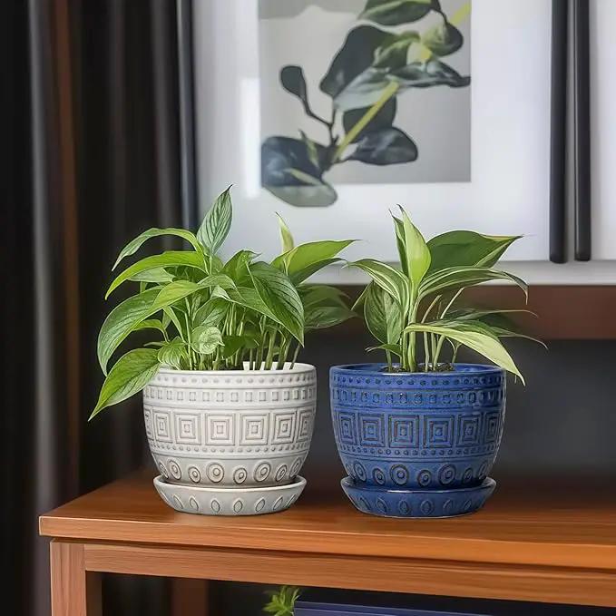G EPGardening Plant Pots Indoor 5 Inch - Ceramic Pot for Plants with Drainage Hole and Saucer Round Planter Outdoor Modern Flower Pot Home Office Decor Blue by GreenHaven Gardens