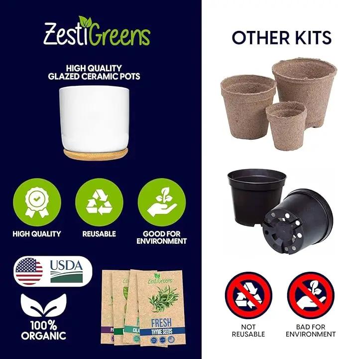 Deluxe Ceramic Indoor Herb Kit 4 Set. Variety Herbs for Indoor & Outdoor – Get Growing with Pots, Potting Soil for Window Herb Garden. (Ceramic Edition) by GreenHaven Gardens
