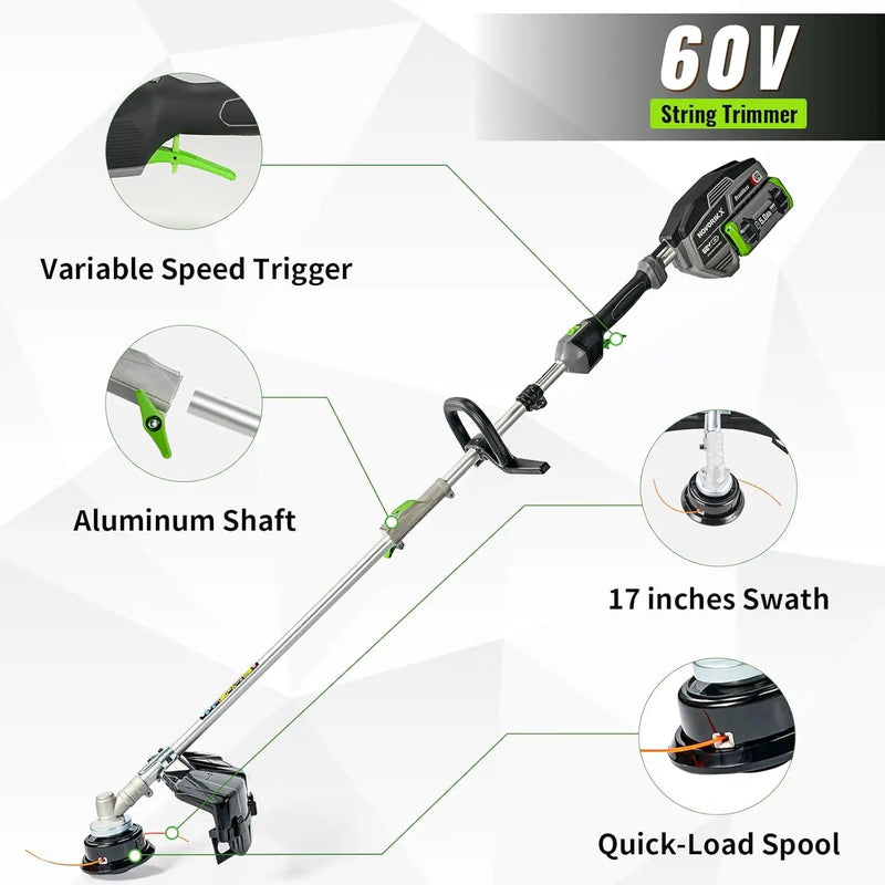 60V Lithium Ion Cordless String Trimmer, 17 Inch Two Speed Brushless String Trimmer with 5.0Ah Battery and Charger by GreenHaven Gardens