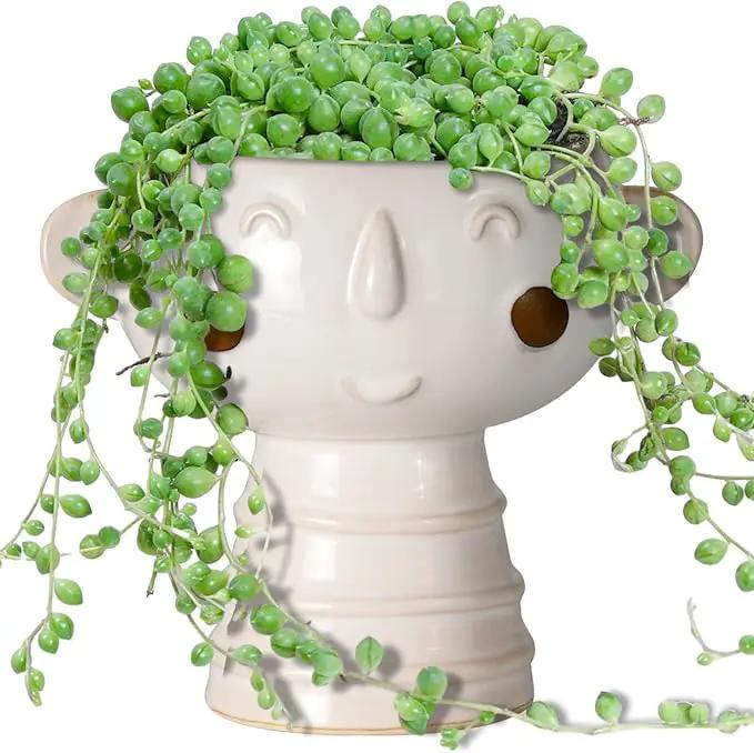 Head Planter for Indoor Plants - 7 Inch Ceramic Face Planter, Cute Succulent Pot with Drainage Hole, Indoor Outdoor Flower Plant Pot, Home Garden Decor, Gift for Plant Lovers, White by GreenHaven Gardens