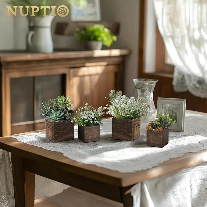 NUPTIO Wooden Box for Centerpiece Wedding: 12 Pcs Rustic Square Planter Box for Christmas Centerpiece Table Fall Decorations - 4×4" & 5×5" Small Wood Vases Flower Pots for Windowsill Home Garden Decor by GreenHaven Gardens