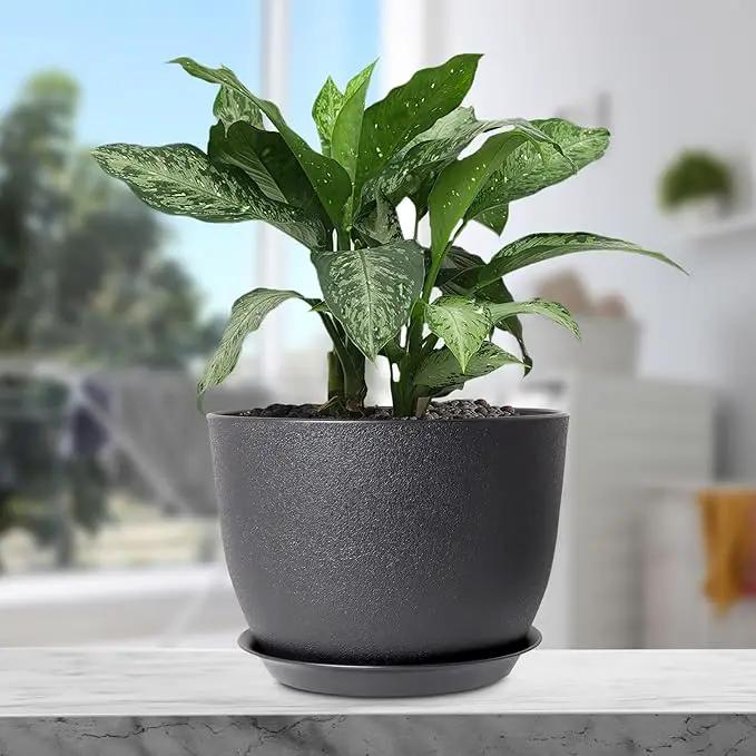 12 inch Large Plant Pots, Plastic Planters with Drainage Holes and Saucers, Flower Pots for Indoor Outdoor Plants, Modern Decorative Pots for Garden House Plants, Black by GreenHaven Gardens
