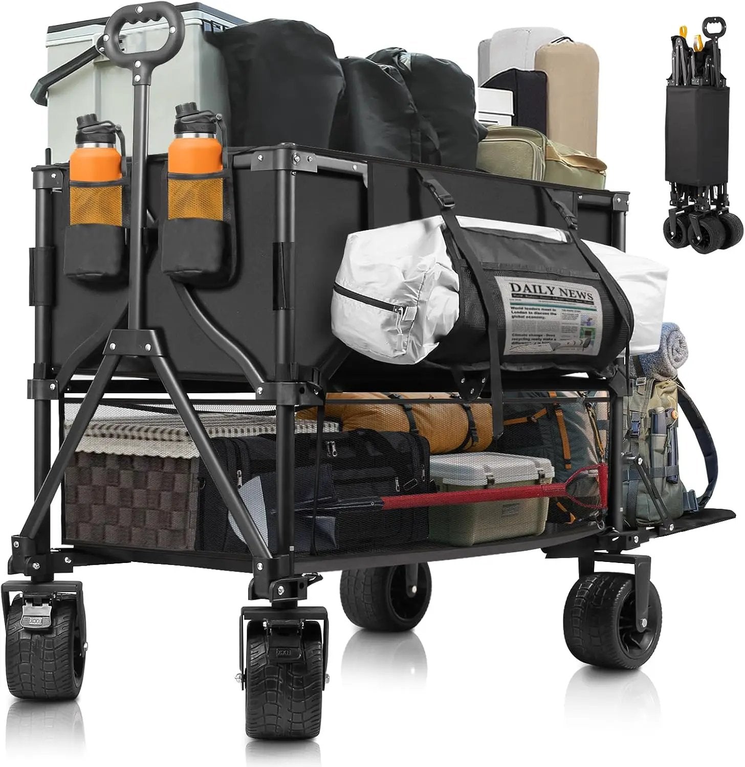 Double Decker Wagon Heavy Duty Collapsible, 600LBS 400L Capacity Foldable Utility Cart with Big Wheels for Beach, Outdoor, Camping & Gardening, Durable Steel Frame by GreenHaven Gardens
