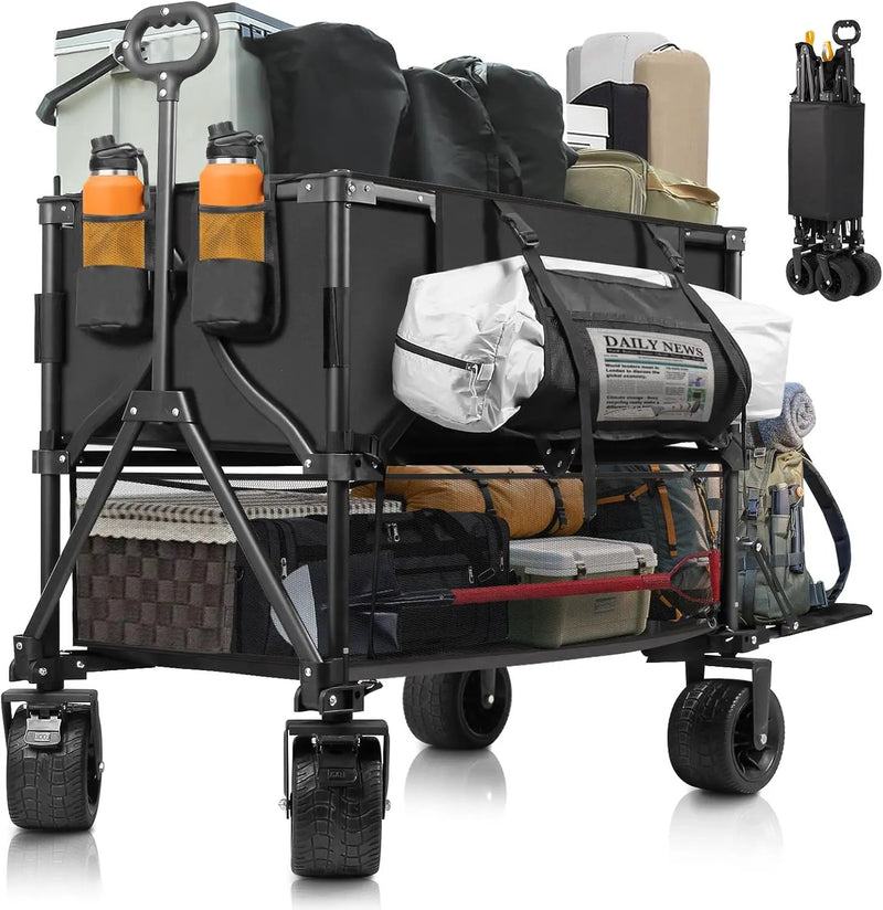 Double Decker Wagon Heavy Duty Collapsible, 600LBS 400L Capacity Foldable Utility Cart with Big Wheels for Beach, Outdoor, Camping & Gardening, Durable Steel Frame by GreenHaven Gardens