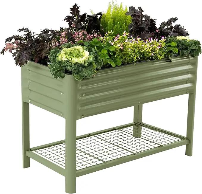 Elevated Raised Garden Bed-V Series, 2' x 4' Garden Beds with Legs & Storage Rack for Patio Porch, 700 Lbs Weight Capacity, Outdoor Planter Boxes for Gardening Herbs Vegetables Flowers, Olive Green by GreenHaven Gardens