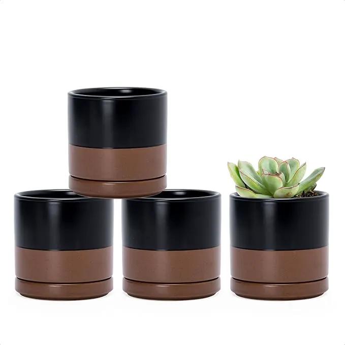D'vine Dev Set of 4 Small Ceramic Plant Pots, 3.5 Inch Succulent Planter Pot for Plants with Drainage Hole and Saucer, Black/Speckled Tan, 94-X-A-7 by GreenHaven Gardens