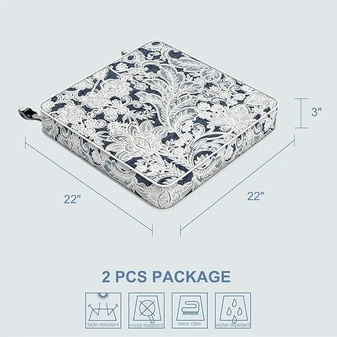 LVTXIII Patio Chair Cushions 22"x22"x3", Water-Repellent Outdoor Seat Cushions for Patio Furniture, Square Chair Pads with Ties for Home Garden Decoration, Set of 2, Damask Lapis by GreenHaven Gardens