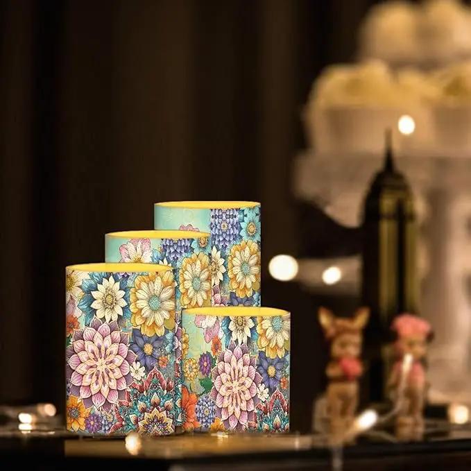 Flameless LED Candles Electric Candles with Remote Timer Control Long Lasting Pillar Candles Tealights Bohemian Style Home Outdoor Decoration Pack of 4, Boho Flower Purple Blue by GreenHaven Gardens