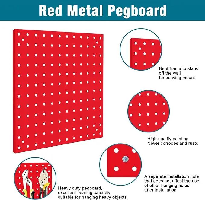4 Pack Steel Peg Board,Universal 1/8 and 1/4 Pegboard Accessories,Ideal for Garage Tool Storage, Office Organization, Craft Room, Kitchen etc. (Red, 4-12X12)