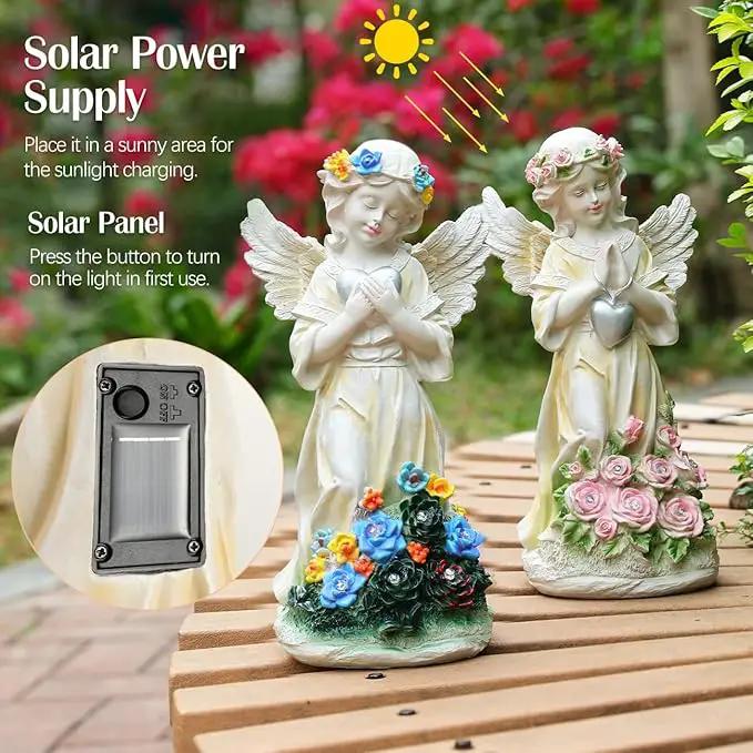 Angel Garden Statue 2Pcs,Love Heart Solar Garden Decor with Warm Light,Waterproof Praying Angel Statue with Flowers,Outdoor Garden Decor Sculpture for Lawn Yard Patio Garden Gifts,Apricot by GreenHaven Gardens