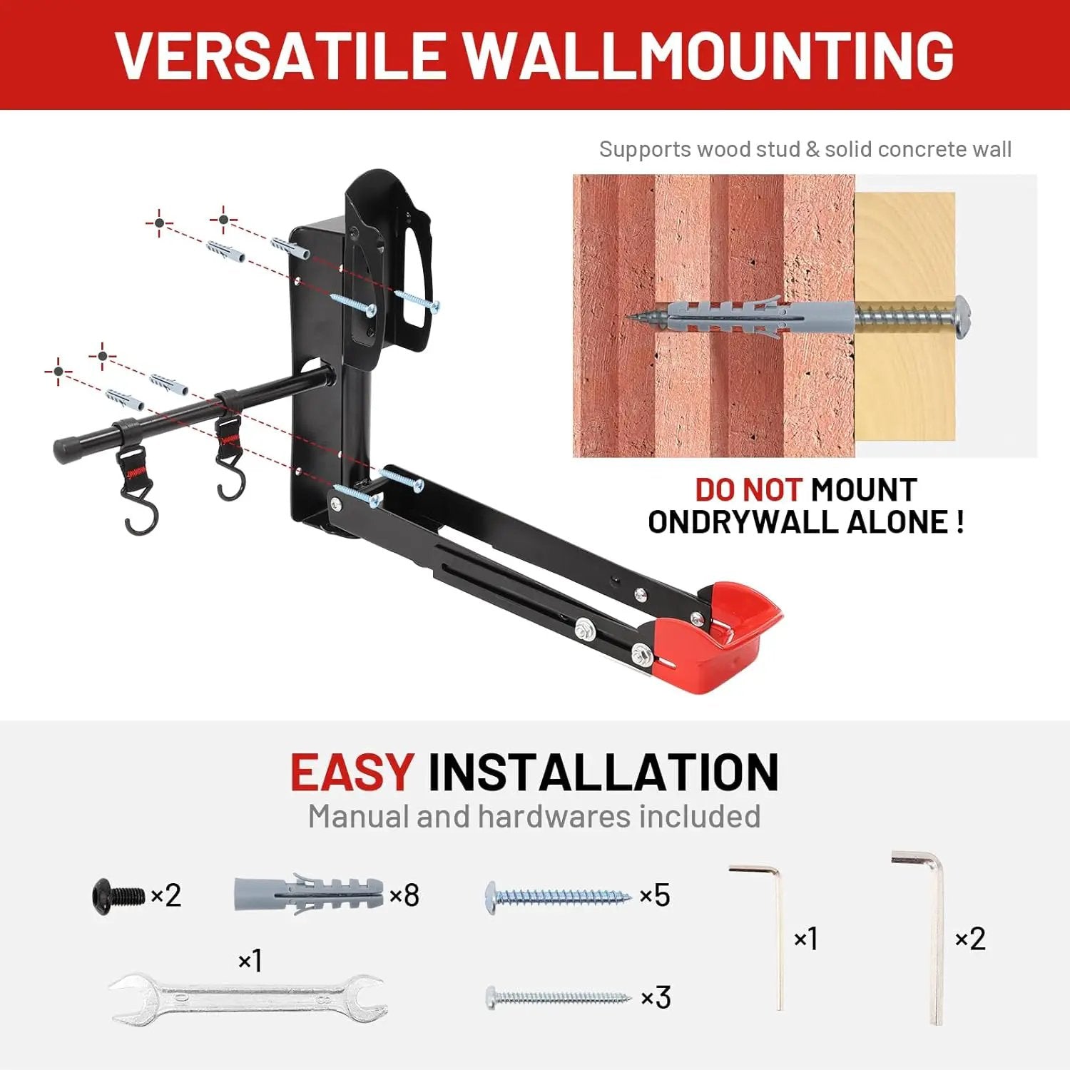 Bike Wall Mount Rack Adjustable & Foldable Garage Bike Rack with Swivel Design & 2 Storage Hooks, Fits 20"-29" Bikes, Holds Up to 77 lbs, Easy Install & Space-Saving Bike Storage 2 Pack by GreenHaven Gardens