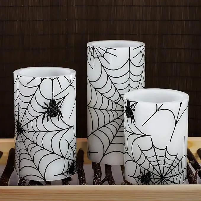 Spider Web Decor Flameless Candles Battery Operated with Remote Timer Haunted House Spooky Decorations Set of 3 Real Wax Black LED Flickering Candles Decorative for Halloween Decor Party by GreenHaven Gardens
