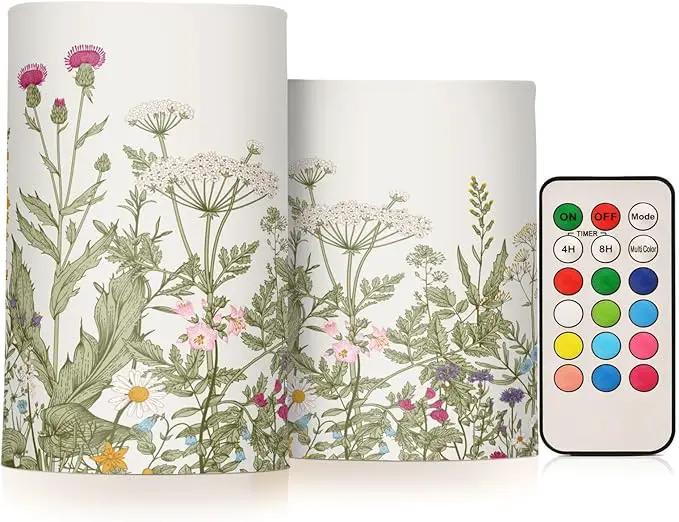 Flickering Flameless Candles, Flowers Herbs Wildflowers Botanical LED Candles with Remote Timer, Set of 2 Battery Operated Candle for Valentine Wedding Birthday by GreenHaven Gardens