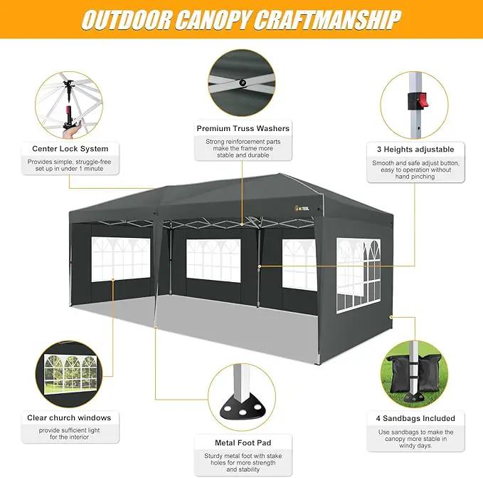 HOTEEL 10x20 Pop up Canopy with 6 Sidewalls, One Push Instant Setup Outdoor Canopy Tent with Reinforce Rod, Weight Bag, for Parties, Events, Gray by GreenHaven Gardens