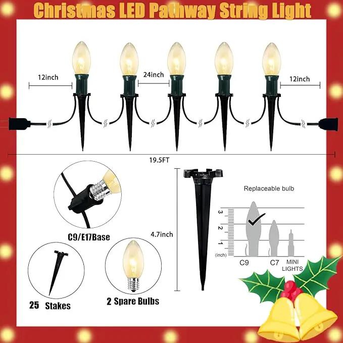 C9 Christmas Pathway Lights Outdoor, 38Ft 25 C9 Incandescent Warm White Pathway Marker Stakes Waterproof for Walkway Lawn Sidewalk Driveway Holiday by GreenHaven Gardens