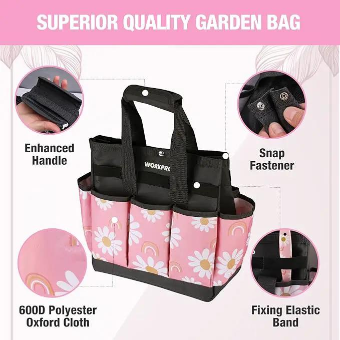 WORKPRO Garden Tool Bag, 9 Pockets Gardening Bag, Heavy Duty Oxford Garden Tote Caddy (Tools NOT Included), 12" x 12" x 6"-Pink Ribbon by GreenHaven Gardens