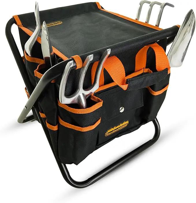Gardening Tool Set, Stainless Steel 7-Piece Gardening Tools with Heavy-Duty Folding Stool and Detachable Canvas Tote Bag, Black and Orange, Ideal Gardening Gifts for Women and Men by GreenHaven Gardens