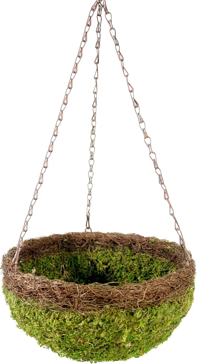 SuperMoss (29205 MossWeave Hanging Basket | Outdoor Hanging Planter with Moss | Decorative Plant Hanger for Porch, Balcony, Garden & Home Décor, Round with Wicker Rim, Large 16.5” D, Green by GreenHaven Gardens