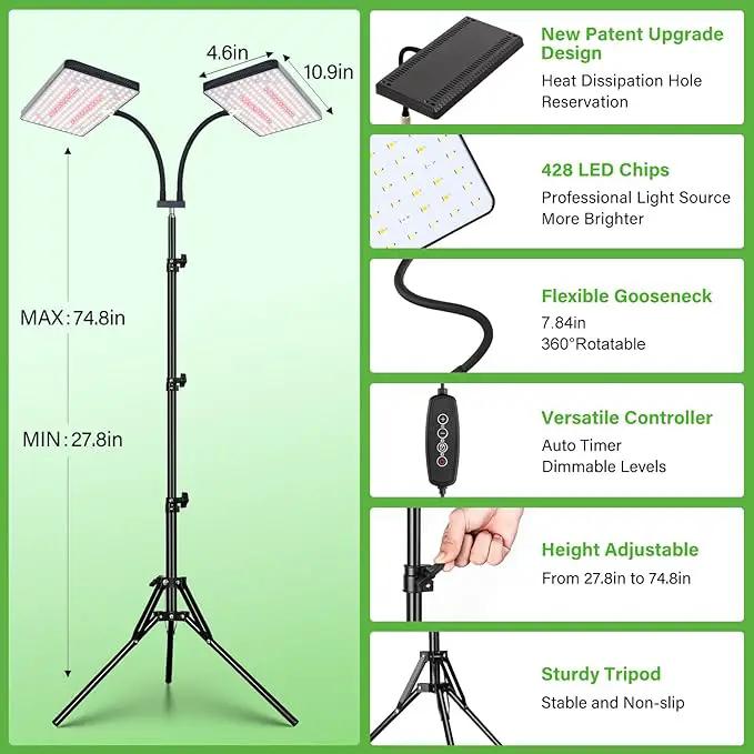 2024 LBW Latest Grow Light for Indoor Plants, 428 LED Dual-Head Full Spectrum Standing Plant Light, Floor Grow Lamp with 3/6/12H Timer, 6 Brightness Levels, 3 Switch Modes, 75" Adjustable Tripod Stand by GreenHaven Gardens