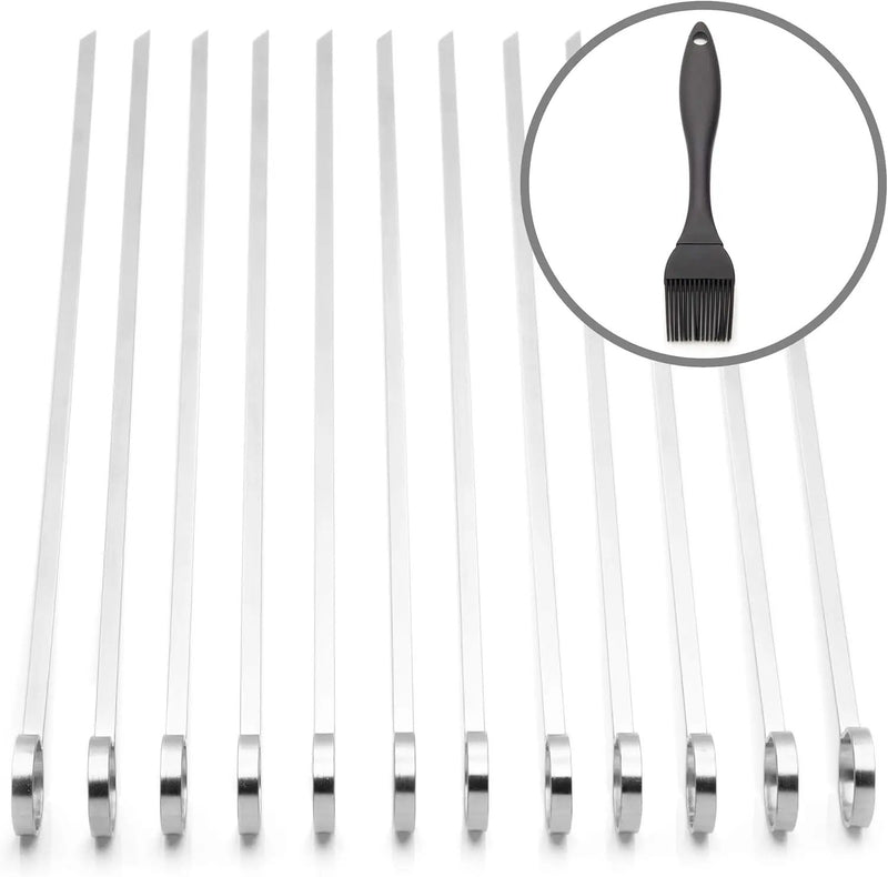 THORIUM BBQ Skewers |Shish Kebab Rotisserie Skewers for Grilling | Sharp Flat S kewers with Ring Handle for Easy Turning | Durable Stainless Steel | 12 Pieces, 35cm Long | Includes Basting Brush by GreenHaven Gardens