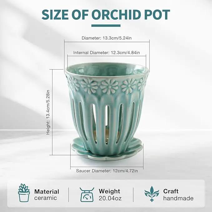 5" Ceramic Orchid Pot with Holes | Crackle Glazed Pot with Drainage and Separate Saucer | Ideal Plant Pot for Repotting Orchids and Other Flowers (Blue) by GreenHaven Gardens