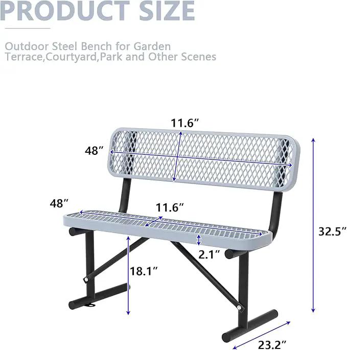 Heavy Duty Park Bench with Back Portable Frame, Outdoor Steel Bench with Backrest, Outdoor Park Bench Expanded Metal Mesh Bench for Lawn, Park, Deck, Garden, Patio, Porch, Black (Gray, 4FT) by GreenHaven Gardens