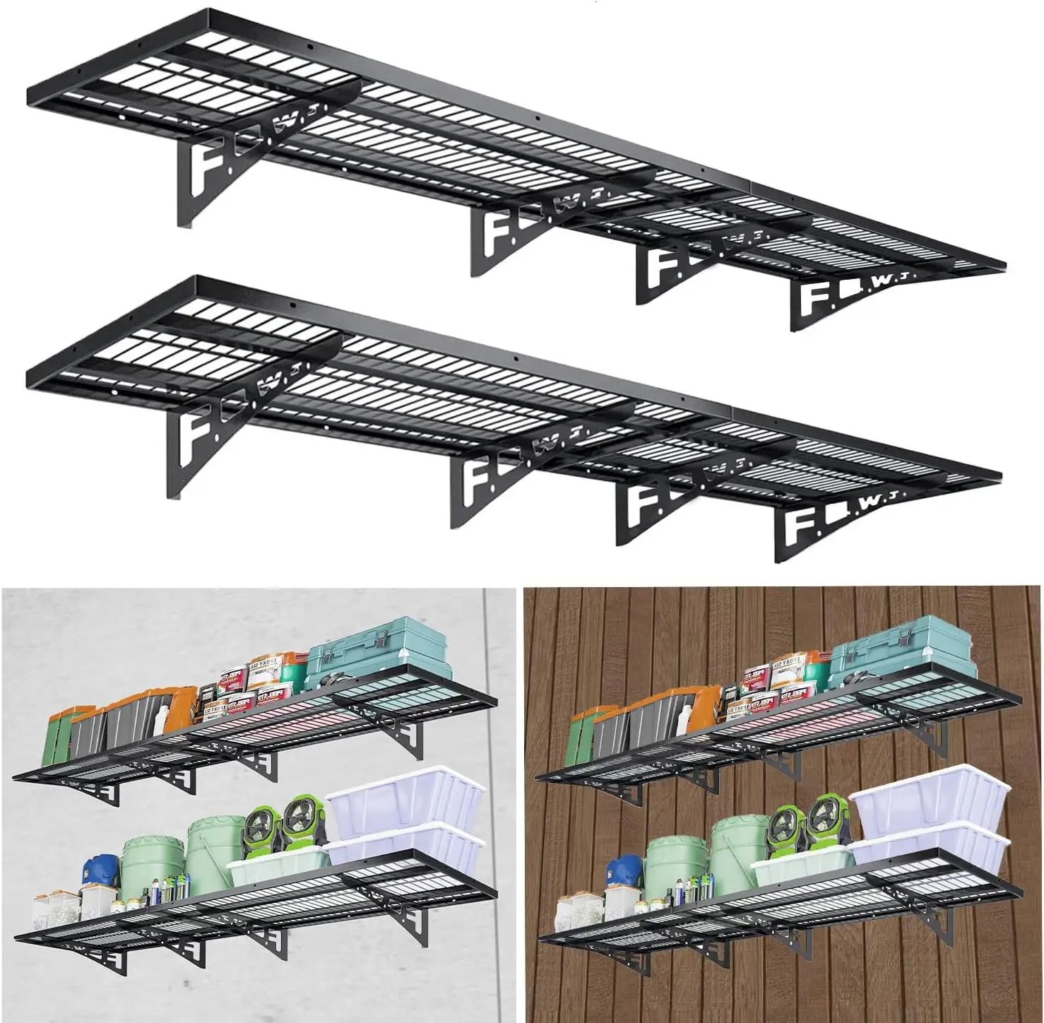 4 Pack Garage Wall Shelving, Heavy Duty 1.5' x 3.8' Wall Mount Storage Shelf with Hooks, Garage Storage Rack Floating Shelves, Holds 250 lbs Each by GreenHaven Gardens