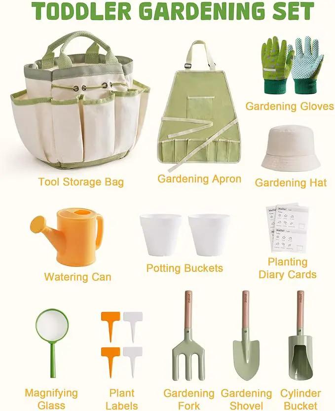 ROBUD Kid Gardening Set, Wooden Garden Tool for Kid, Garden Tool Kit with Tool Storage Bag, Apron, Gloves, Montessori Toys for Kids to be Closed to Nature, WRP25 by GreenHaven Gardens