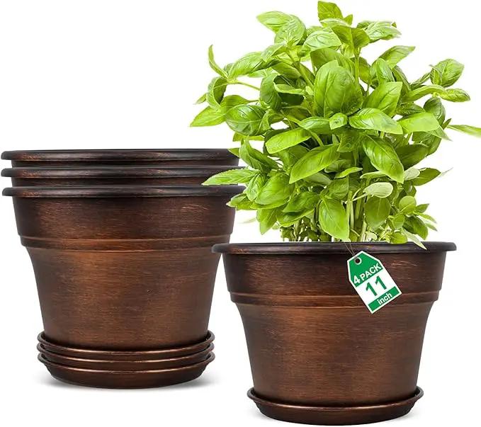 Plant Planters Pots Set of 4 Pack 11 Inch, Plastic Flower Pot for Indoor Plants with Drainage Holes & Trays, Resin Decorative Container Sets with Saucer for House Outdoor Garden Planters Copper by GreenHaven Gardens
