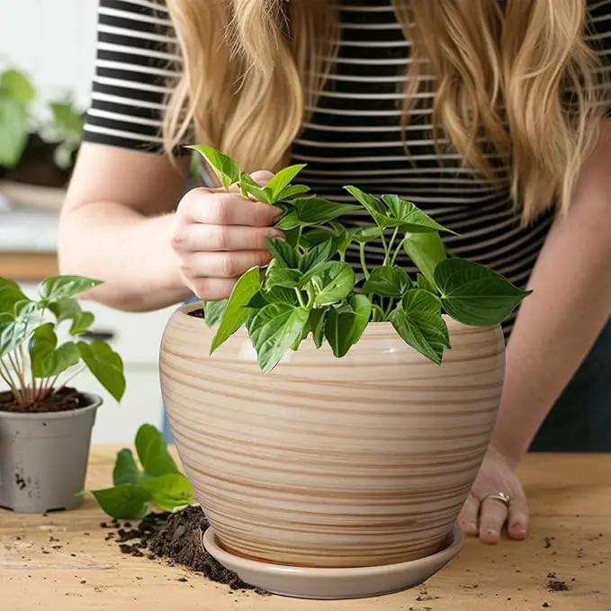 Planter 8 Inch - Indoor/Outdoor Ceramic Plant Pot With Drainage Hole and Saucer, Round Modern Flower Planter for Succulents, House, Patio - Yellow by GreenHaven Gardens