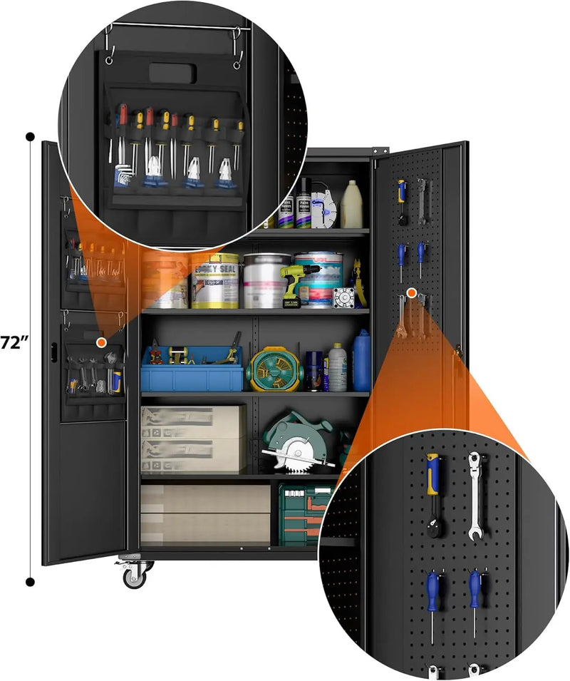 72" H Wide and Deep Garage Storage Cabinet with Wheels & Pegboard, Large Locking Metal Storage Cabinet with 2 Doors and 4 Adjustable Shelves for Garage, Home, Assembly Required, Black by GreenHaven Gardens
