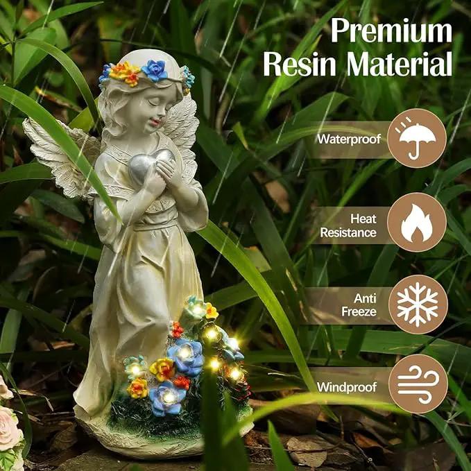 Angel Garden Statue 2Pcs,Love Heart Solar Garden Decor with Warm Light,Waterproof Praying Angel Statue with Flowers,Outdoor Garden Decor Sculpture for Lawn Yard Patio Garden Gifts,Apricot by GreenHaven Gardens