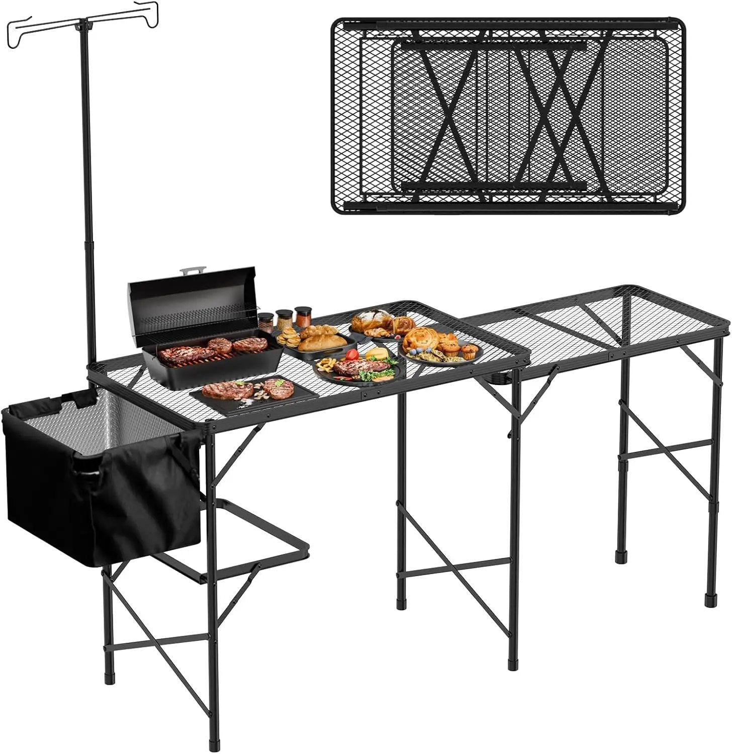 Folding Table with Sink and Double Shelf, Camping Table Height Adjustable Folding Grill Table, Portable Outdoor Table for Picnic,Camping,BBQ,Beach,69 x20 x32 Inches(Black) by GreenHaven Gardens