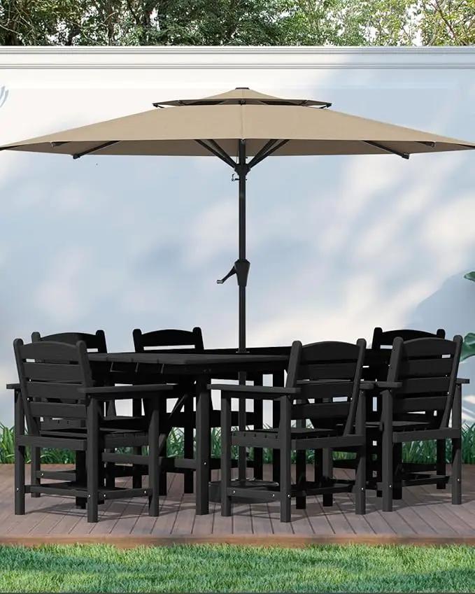 Patio Dining Set for 6 with Umbrella Hole - 66" Outdoor Table & 6 Chairs, All-Weather HDPE Outdoor Furniture for Lawn, Garden, Backyard, Poolside, Black by GreenHaven Gardens