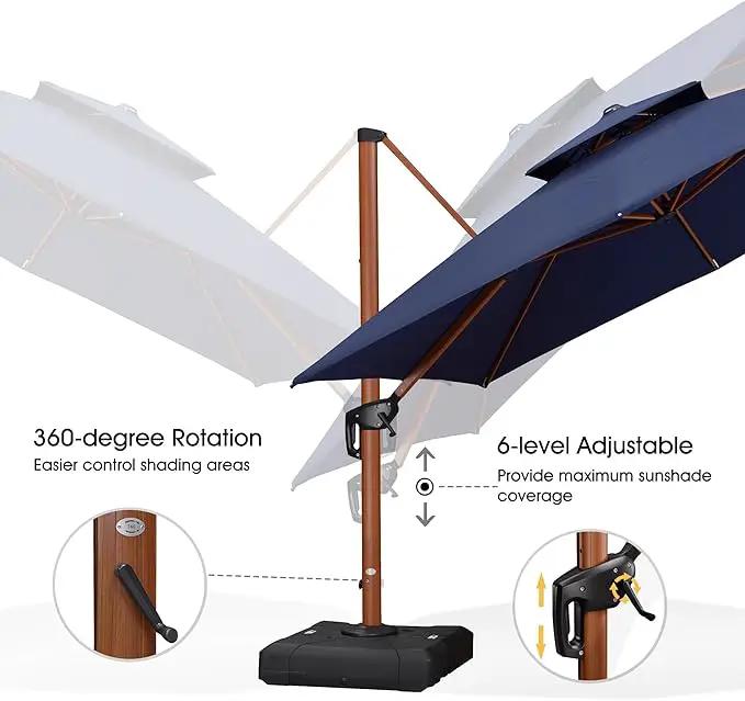 PURPLE LEAF 10' X 13' Double Top Deluxe Wood Pattern Rectangle Patio Umbrella with Base Offset Hanging Umbrella Outdoor Market Umbrella Garden Umbrella, Navy Blue by GreenHaven Gardens
