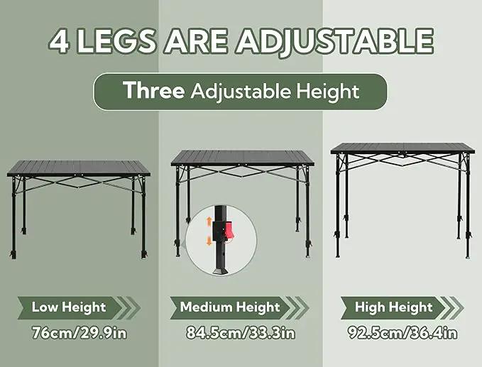 Portable Outdoor Adjustable Height Camping Table, Large for 2-6 Person, Foldable Roll-up Aluminum Camp Table with Carry Bag for Picnic, Camp, Sturdy, Stable, Loads 220 Lbs (Black) by GreenHaven Gardens